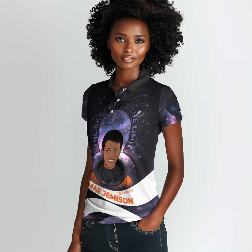 Mae Jemison Women Polo Shirt Cartoon Astronaut Portrait, The Sky Is Not the Limit Quote and Galaxy Dreamer - African Pride