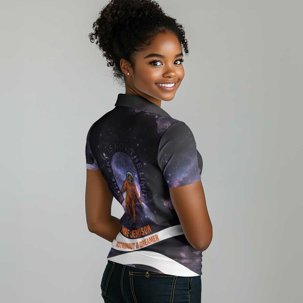 Mae Jemison Women Polo Shirt Cartoon Astronaut Portrait, The Sky Is Not the Limit Quote and Galaxy Dreamer - African Pride