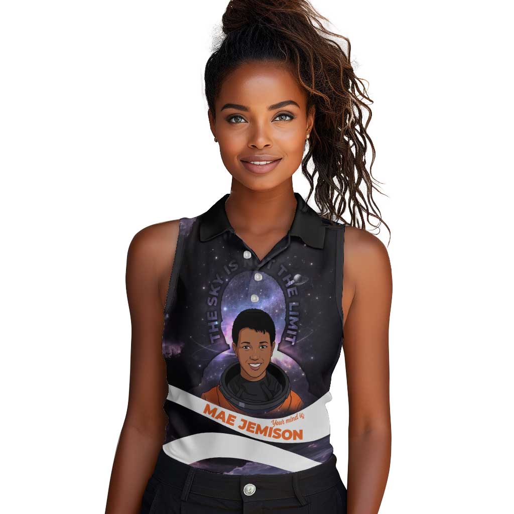 Mae Jemison Women Sleeveless Polo Shirt Cartoon Astronaut Portrait, The Sky Is Not the Limit Quote and Galaxy Dreamer - African Pride
