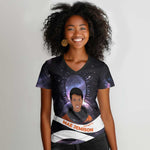 Mae Jemison Women V-Neck T-Shirt Cartoon Astronaut Portrait, The Sky Is Not the Limit Quote and Galaxy Dreamer - African Pride