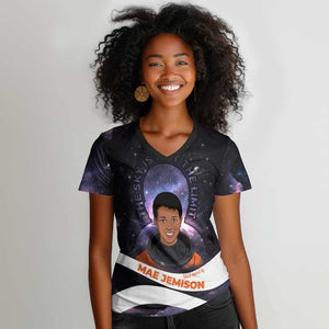 Mae Jemison Women V-Neck T-Shirt Cartoon Astronaut Portrait, The Sky Is Not the Limit Quote and Galaxy Dreamer - African Pride