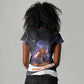 Mae Jemison Women V-Neck T-Shirt Cartoon Astronaut Portrait, The Sky Is Not the Limit Quote and Galaxy Dreamer - African Pride
