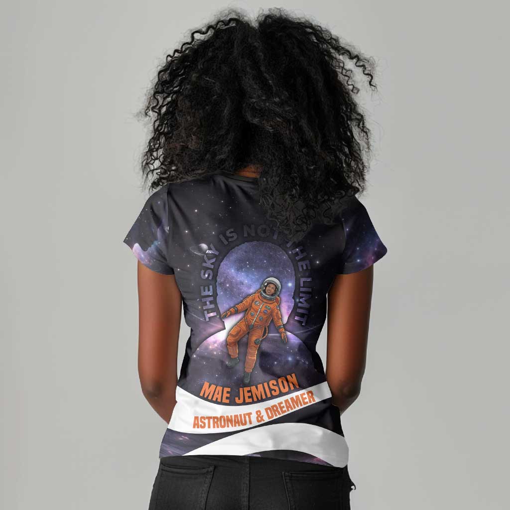 Mae Jemison Women V-Neck T-Shirt Cartoon Astronaut Portrait, The Sky Is Not the Limit Quote and Galaxy Dreamer - African Pride