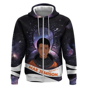 Mae Jemison Zip Hoodie Cartoon Astronaut Portrait, The Sky Is Not the Limit Quote and Galaxy Dreamer - African Pride