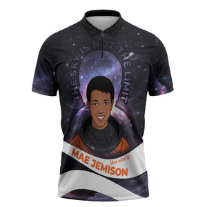 Mae Jemison Zipper Polo Shirt Cartoon Astronaut Portrait, The Sky Is Not the Limit Quote and Galaxy Dreamer - African Pride