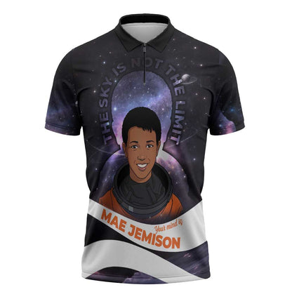 Mae Jemison Zipper Polo Shirt Cartoon Astronaut Portrait, The Sky Is Not the Limit Quote and Galaxy Dreamer - African Pride
