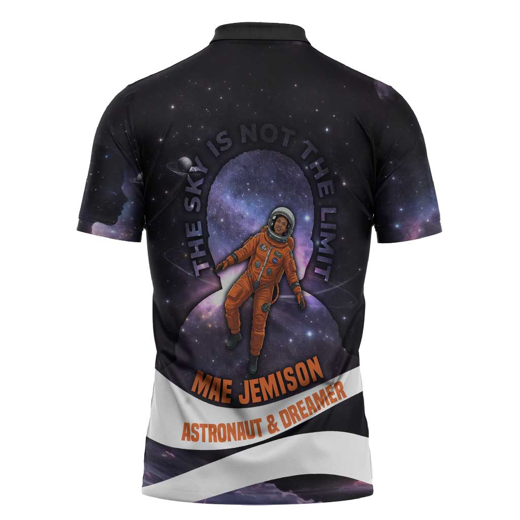 Mae Jemison Zipper Polo Shirt Cartoon Astronaut Portrait, The Sky Is Not the Limit Quote and Galaxy Dreamer - African Pride