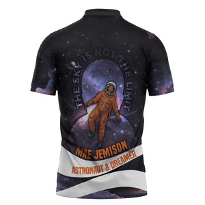Mae Jemison Zipper Polo Shirt Cartoon Astronaut Portrait, The Sky Is Not the Limit Quote and Galaxy Dreamer - African Pride