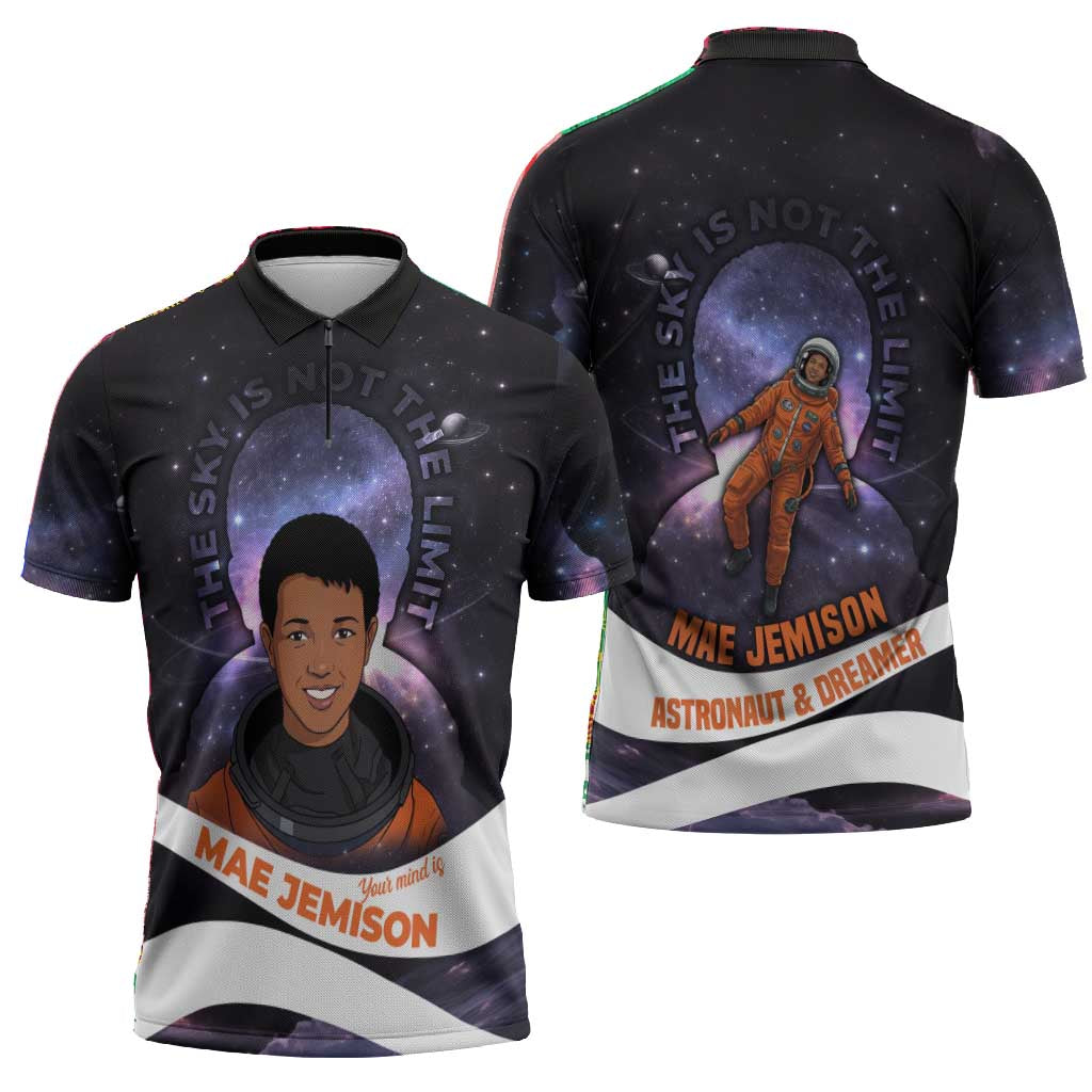 Mae Jemison Zipper Polo Shirt Cartoon Astronaut Portrait, The Sky Is Not the Limit Quote and Galaxy Dreamer - African Pride