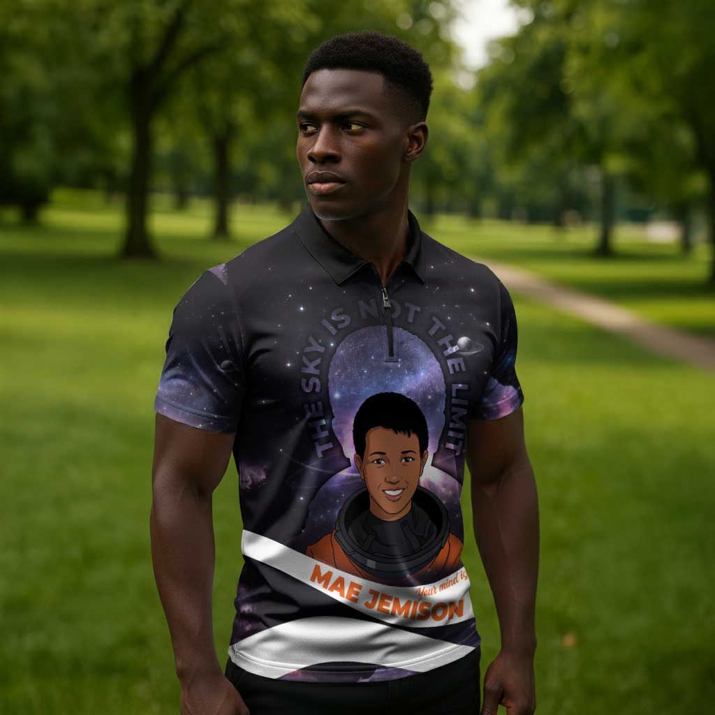 Mae Jemison Zipper Polo Shirt Cartoon Astronaut Portrait, The Sky Is Not the Limit Quote and Galaxy Dreamer - African Pride