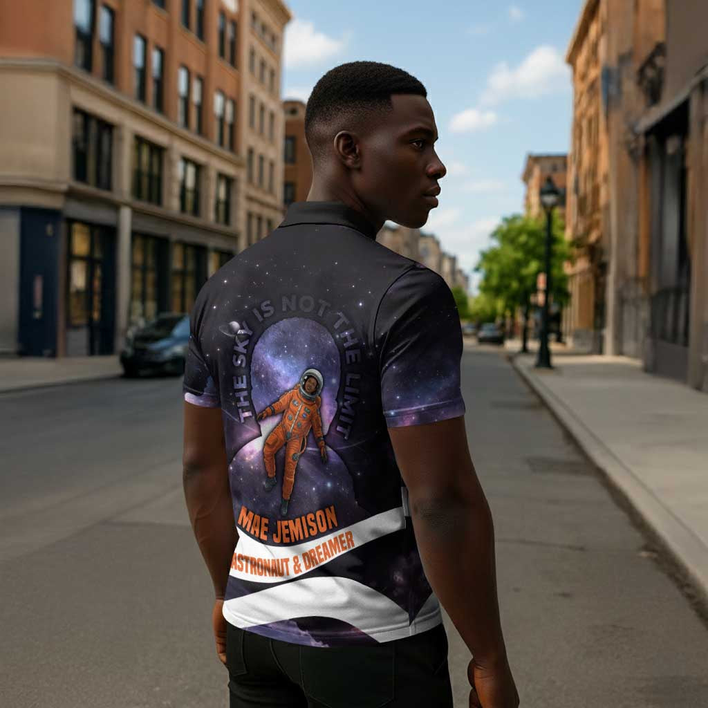Mae Jemison Zipper Polo Shirt Cartoon Astronaut Portrait, The Sky Is Not the Limit Quote and Galaxy Dreamer - African Pride