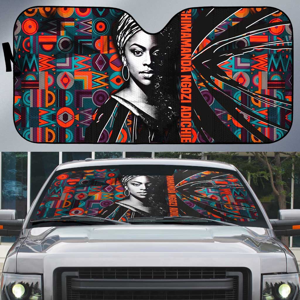 Chimamanda Ngozi Adichie Auto Sun Shade with Monochrome Portrait, The Danger of a Single Story Quote - African Pride