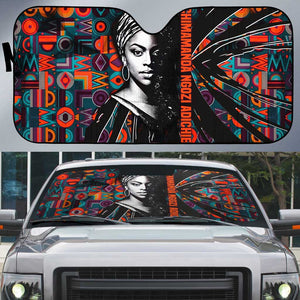 Chimamanda Ngozi Adichie Auto Sun Shade with Monochrome Portrait, The Danger of a Single Story Quote - African Pride