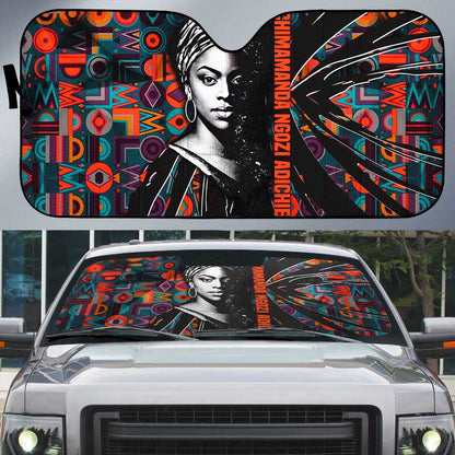Chimamanda Ngozi Adichie Auto Sun Shade with Monochrome Portrait, The Danger of a Single Story Quote - African Pride