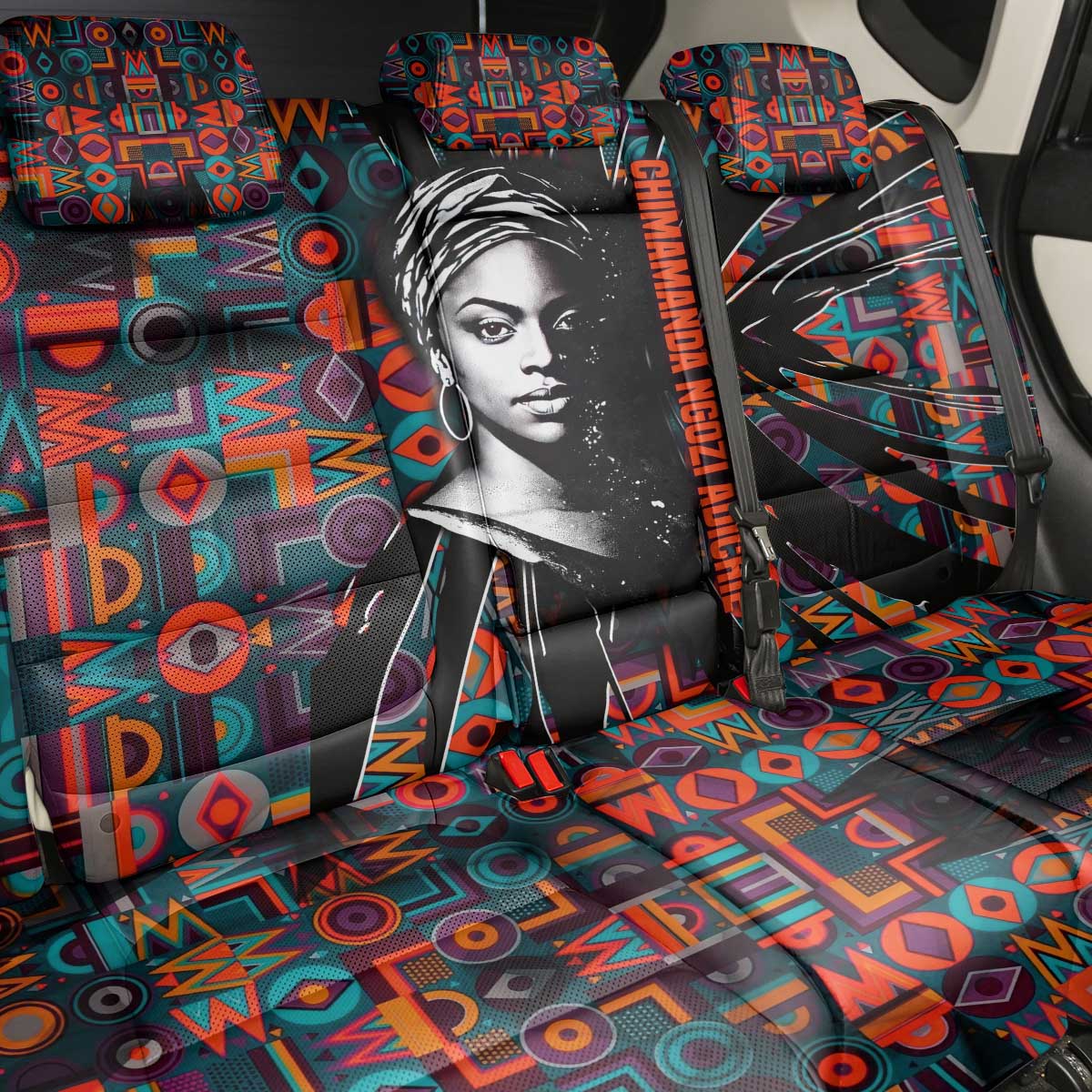 Chimamanda Ngozi Adichie Back Car Seat Cover with Monochrome Portrait, The Danger of a Single Story Quote - African Pride