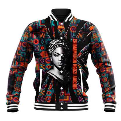 Chimamanda Ngozi Adichie Baseball Jacket with Monochrome Portrait, The Danger of a Single Story Quote - African Pride