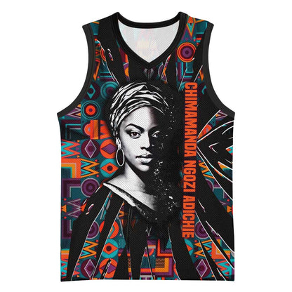 Chimamanda Ngozi Adichie Basketball Jersey with Monochrome Portrait, The Danger of a Single Story Quote - African Pride
