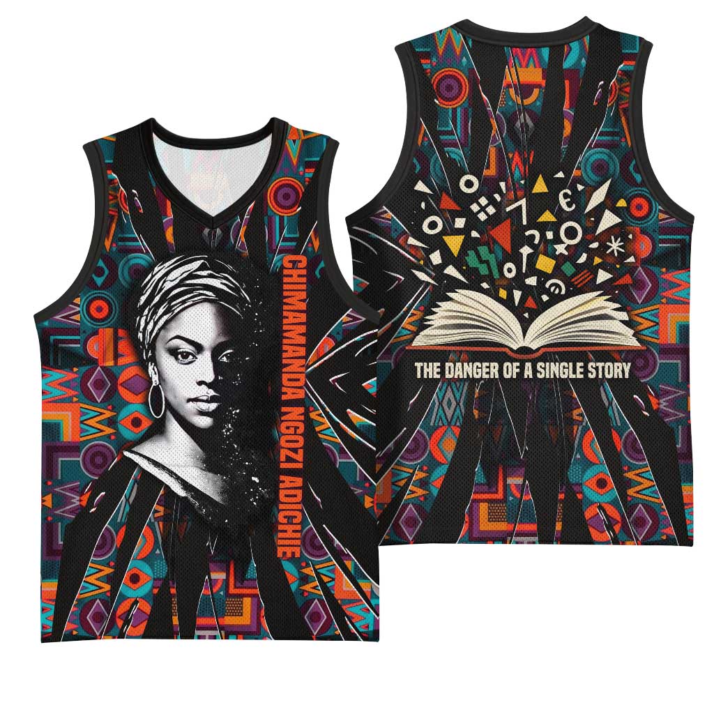 Chimamanda Ngozi Adichie Basketball Jersey with Monochrome Portrait, The Danger of a Single Story Quote - African Pride