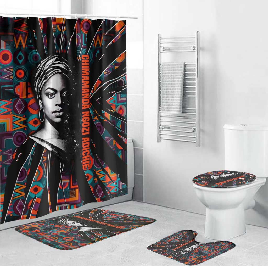 Chimamanda Ngozi Adichie Bathroom Set with Monochrome Portrait, The Danger of a Single Story Quote - African Pride