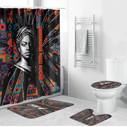Chimamanda Ngozi Adichie Bathroom Set with Monochrome Portrait, The Danger of a Single Story Quote - African Pride