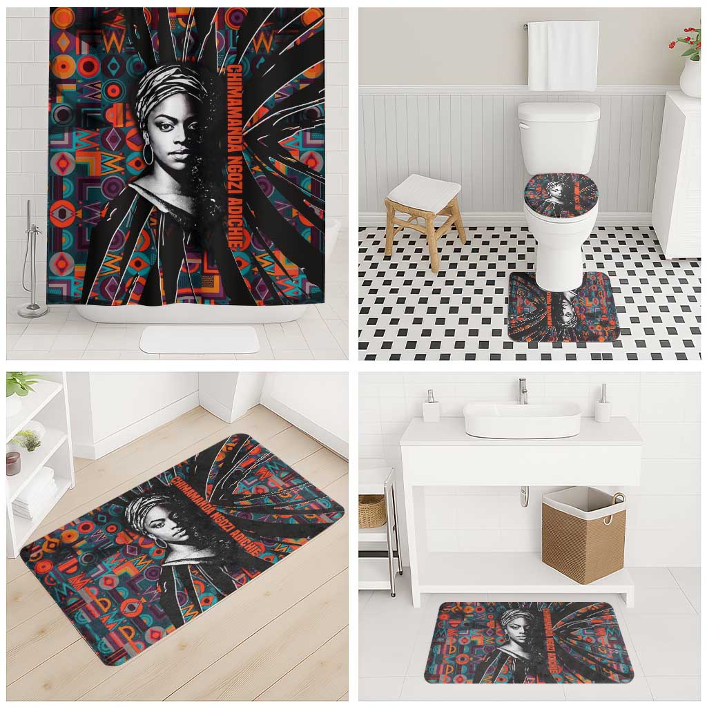Chimamanda Ngozi Adichie Bathroom Set with Monochrome Portrait, The Danger of a Single Story Quote - African Pride