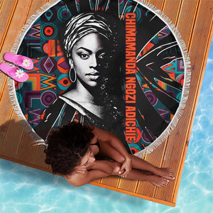 Chimamanda Ngozi Adichie Beach Blanket with Monochrome Portrait, The Danger of a Single Story Quote - African Pride