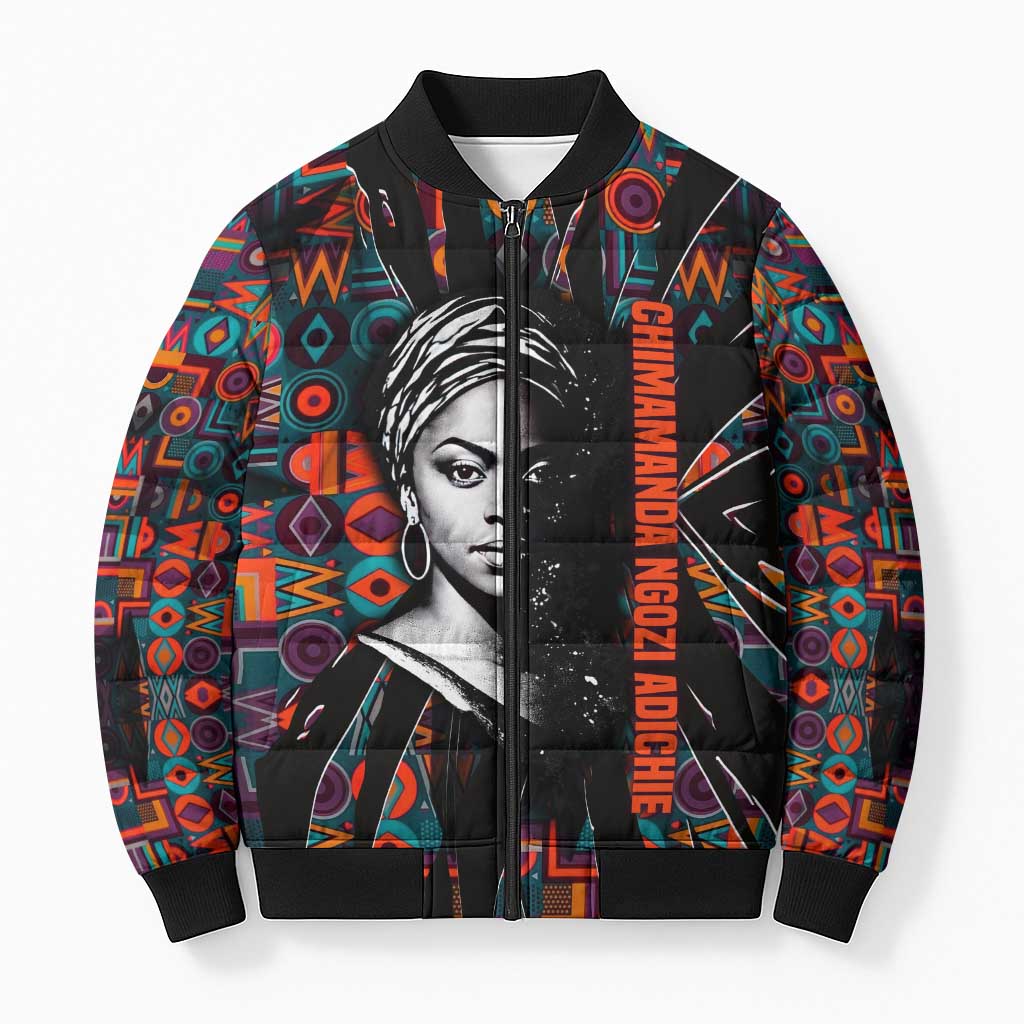 Chimamanda Ngozi Adichie Bomber Puffer Jacket with Monochrome Portrait, The Danger of a Single Story Quote - African Pride