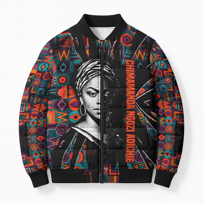 Chimamanda Ngozi Adichie Bomber Puffer Jacket with Monochrome Portrait, The Danger of a Single Story Quote - African Pride