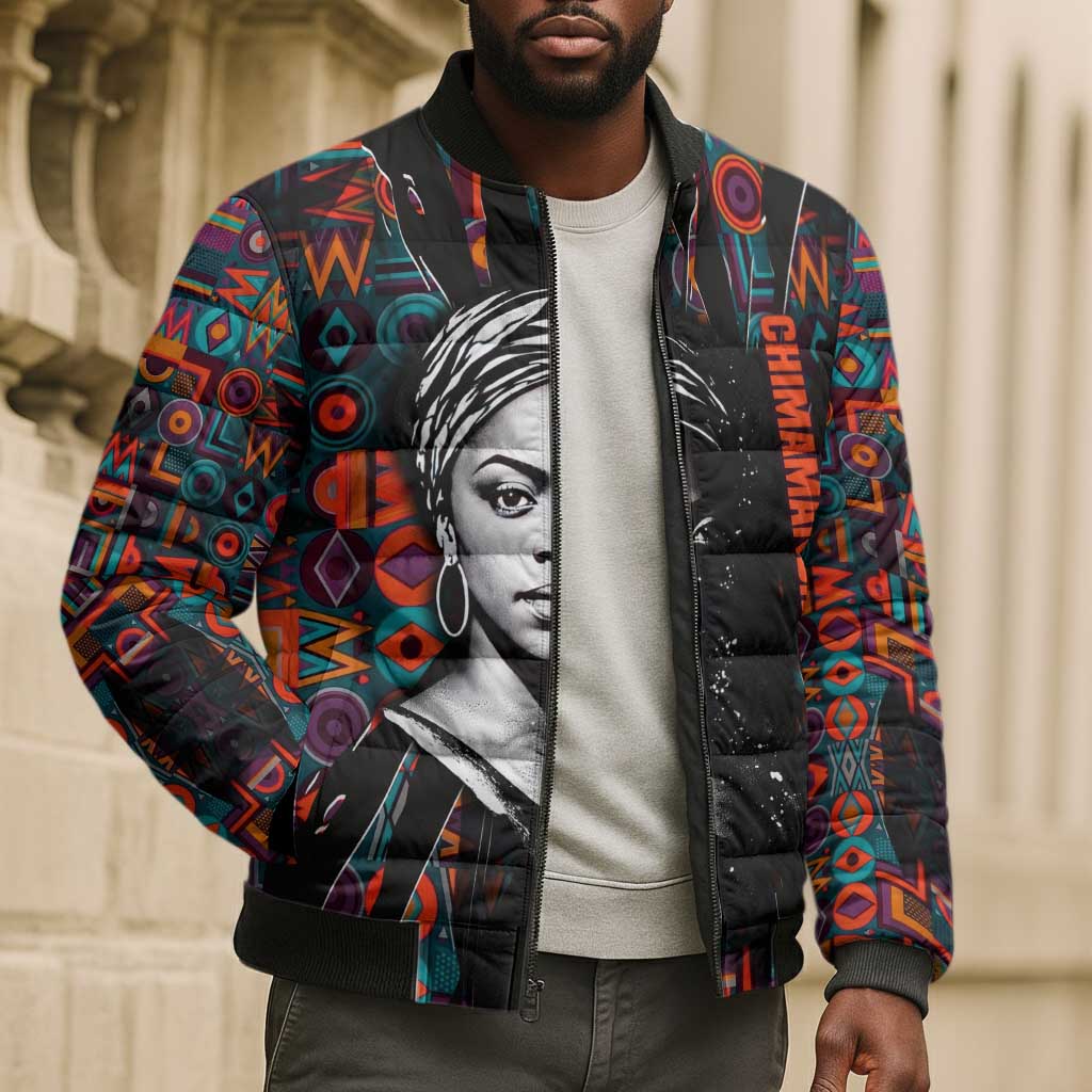 Chimamanda Ngozi Adichie Bomber Puffer Jacket with Monochrome Portrait, The Danger of a Single Story Quote - African Pride