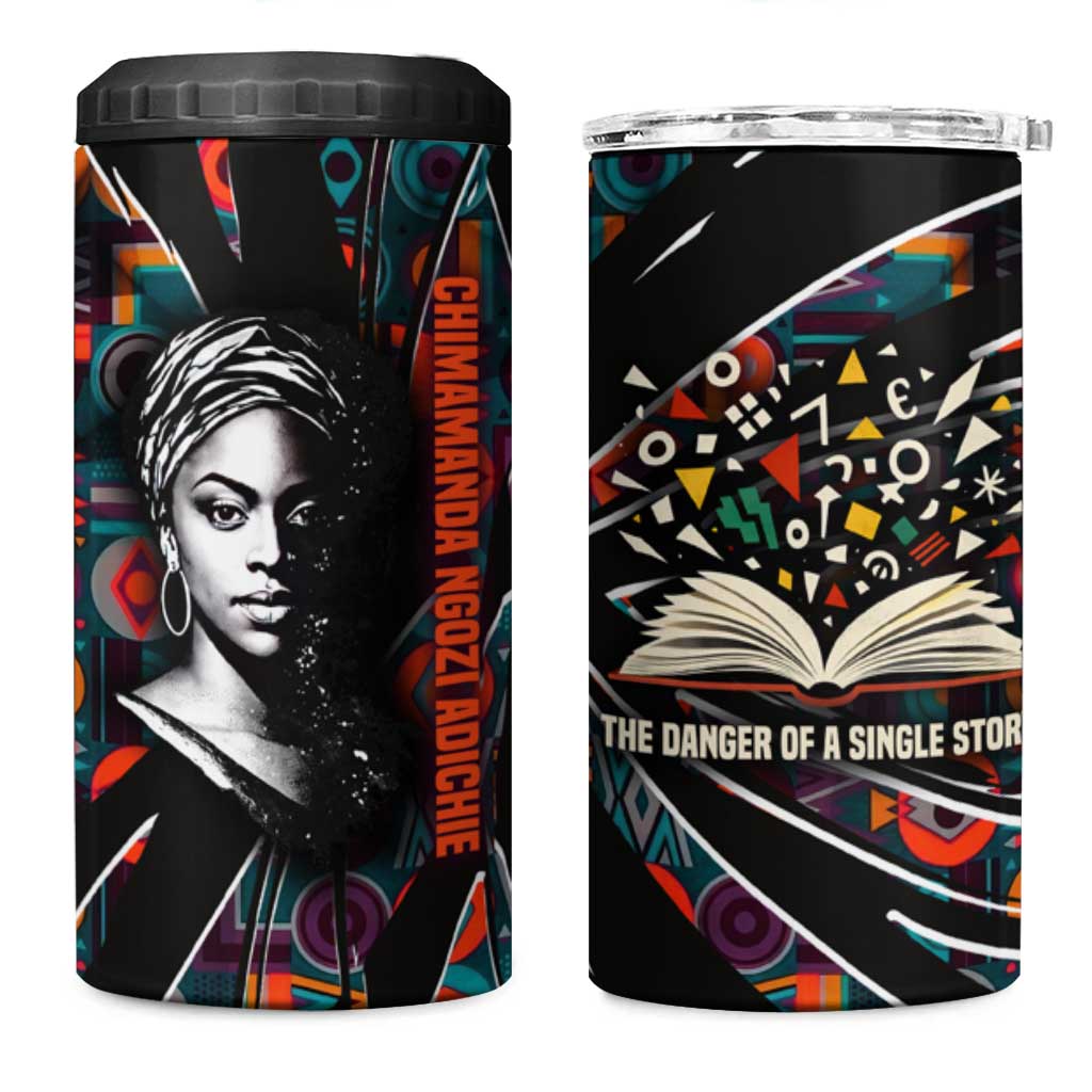 Chimamanda Ngozi Adichie 4 in 1 Can Cooler Tumbler with Monochrome Portrait, The Danger of a Single Story Quote - African Pride