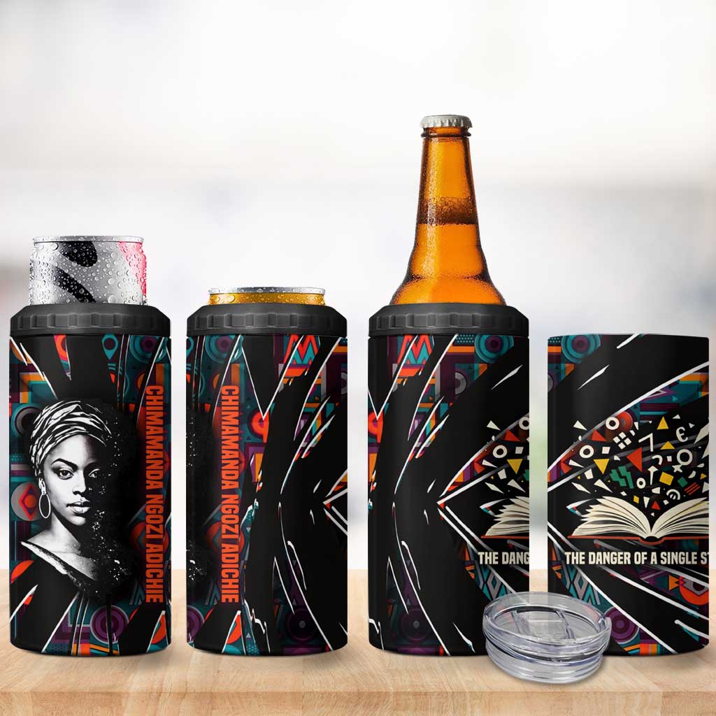Chimamanda Ngozi Adichie 4 in 1 Can Cooler Tumbler with Monochrome Portrait, The Danger of a Single Story Quote - African Pride