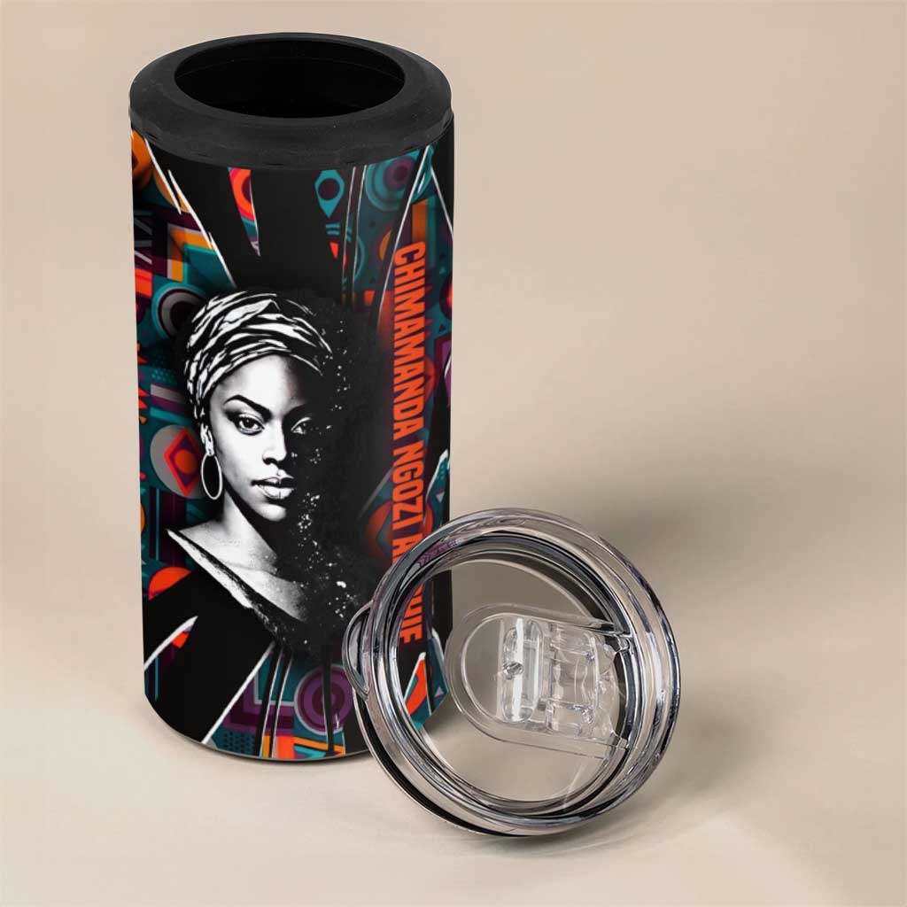 Chimamanda Ngozi Adichie 4 in 1 Can Cooler Tumbler with Monochrome Portrait, The Danger of a Single Story Quote - African Pride