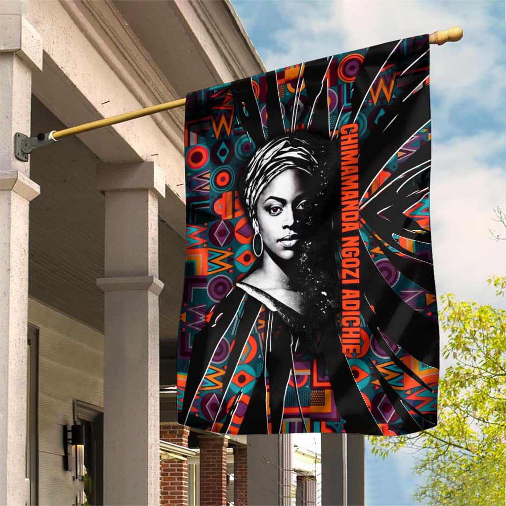 Chimamanda Ngozi Adichie Garden Flag with Monochrome Portrait, The Danger of a Single Story Quote - African Pride