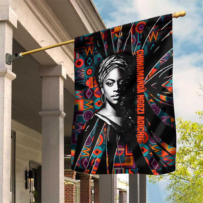Chimamanda Ngozi Adichie Garden Flag with Monochrome Portrait, The Danger of a Single Story Quote - African Pride