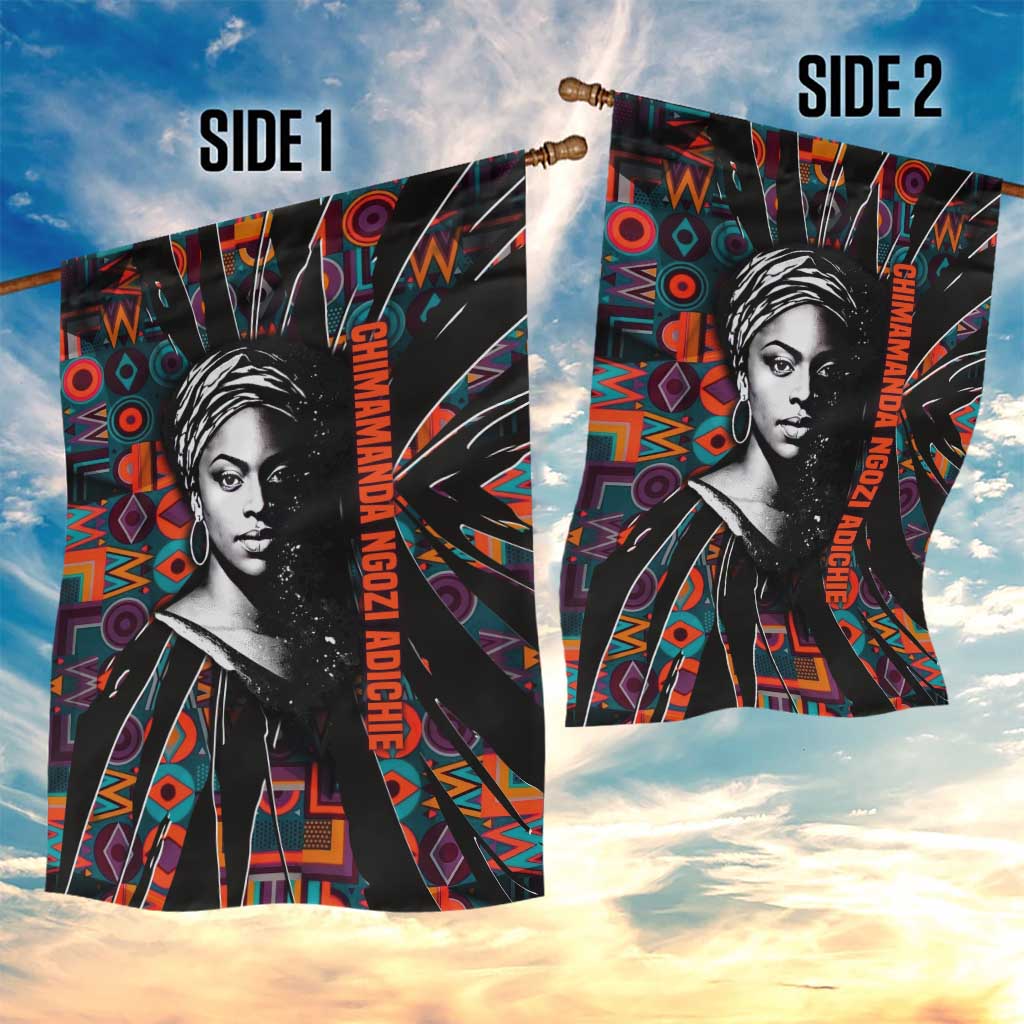 Chimamanda Ngozi Adichie Garden Flag with Monochrome Portrait, The Danger of a Single Story Quote - African Pride