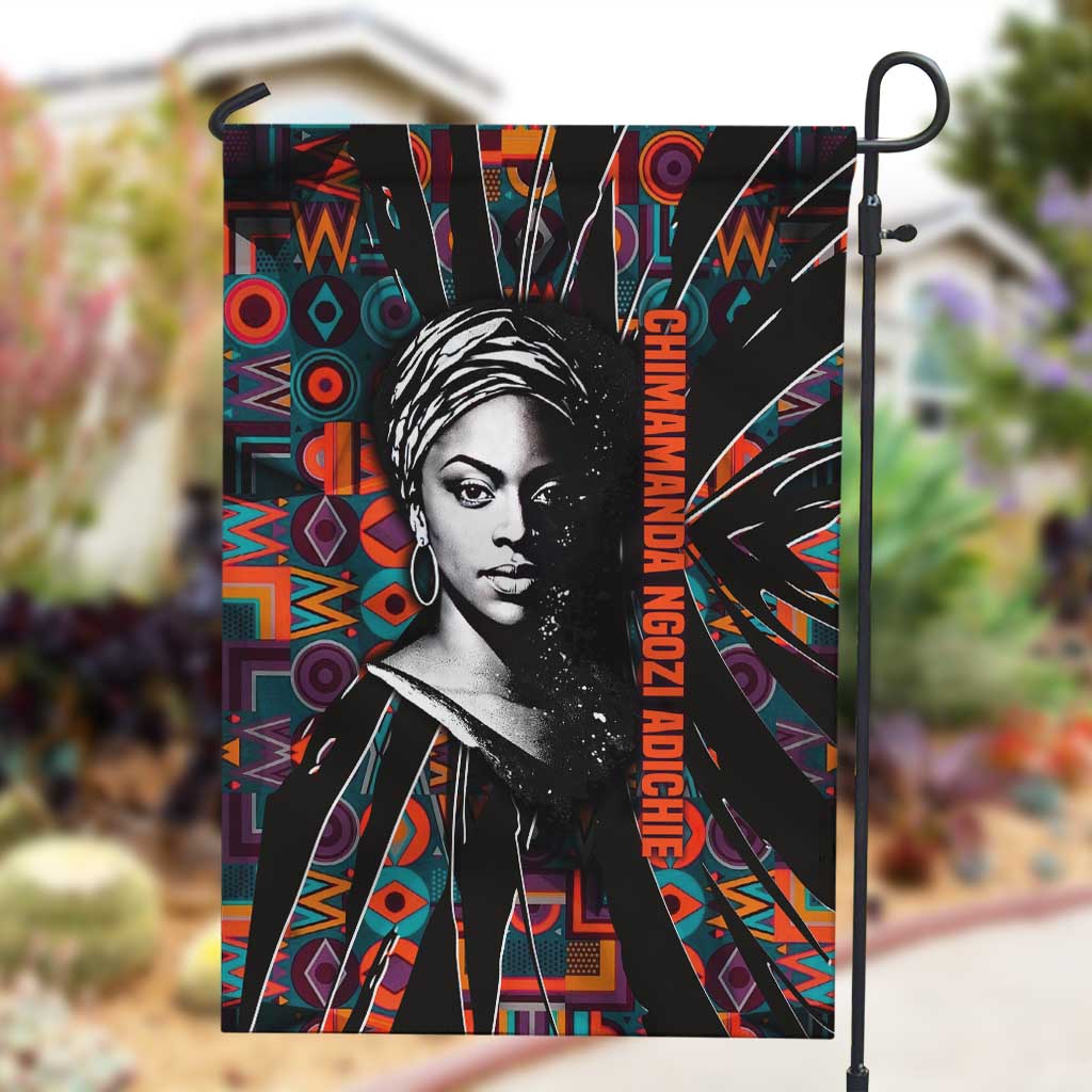 Chimamanda Ngozi Adichie Garden Flag with Monochrome Portrait, The Danger of a Single Story Quote - African Pride