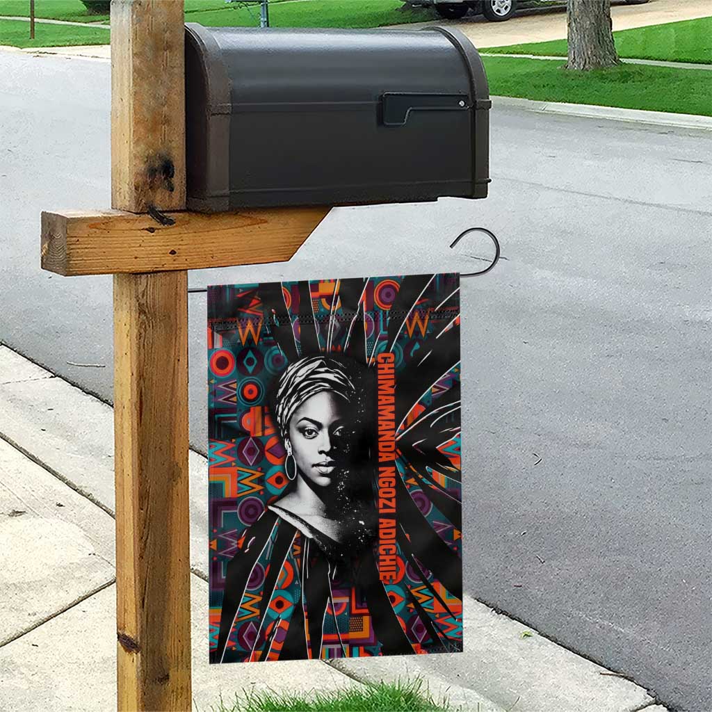 Chimamanda Ngozi Adichie Garden Flag with Monochrome Portrait, The Danger of a Single Story Quote - African Pride