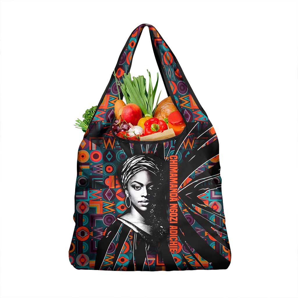 Chimamanda Ngozi Adichie Grocery Bag with Monochrome Portrait, The Danger of a Single Story Quote - African Pride