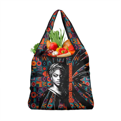Chimamanda Ngozi Adichie Grocery Bag with Monochrome Portrait, The Danger of a Single Story Quote - African Pride