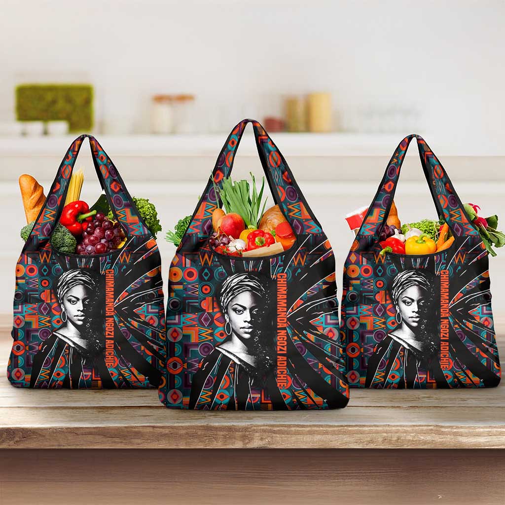 Chimamanda Ngozi Adichie Grocery Bag with Monochrome Portrait, The Danger of a Single Story Quote - African Pride