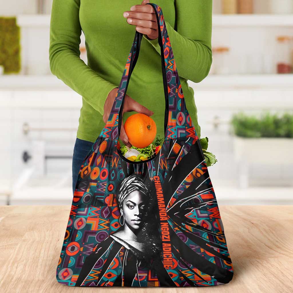 Chimamanda Ngozi Adichie Grocery Bag with Monochrome Portrait, The Danger of a Single Story Quote - African Pride