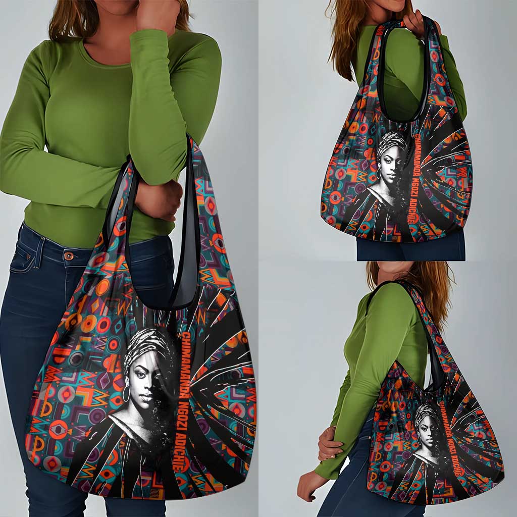 Chimamanda Ngozi Adichie Grocery Bag with Monochrome Portrait, The Danger of a Single Story Quote - African Pride
