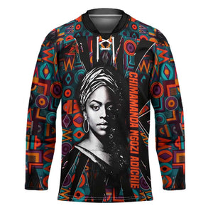 Chimamanda Ngozi Adichie Hockey Jersey with Monochrome Portrait, The Danger of a Single Story Quote - African Pride
