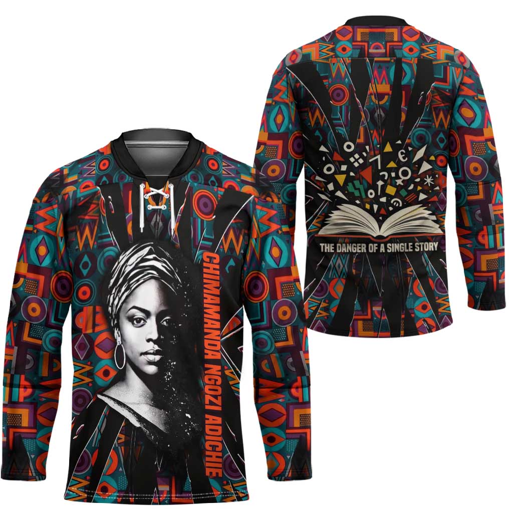 Chimamanda Ngozi Adichie Hockey Jersey with Monochrome Portrait, The Danger of a Single Story Quote - African Pride