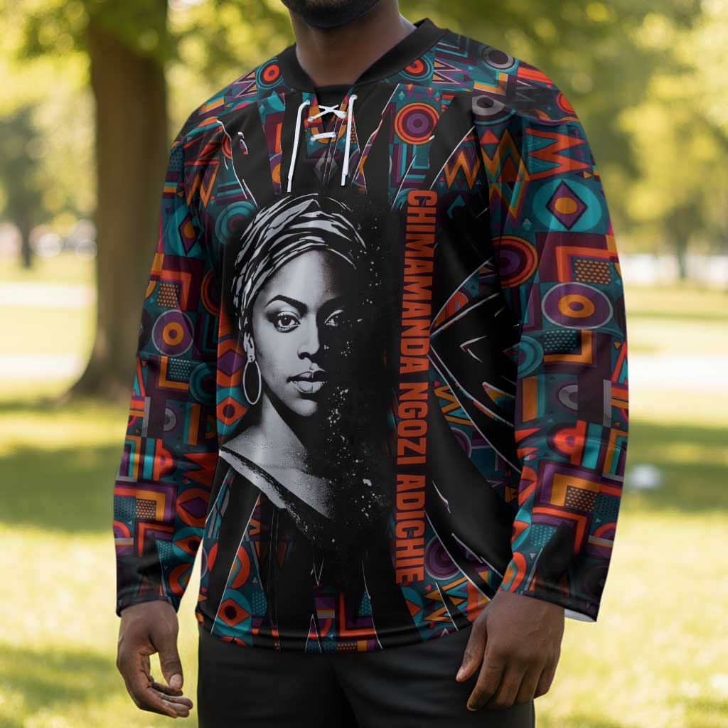 Chimamanda Ngozi Adichie Hockey Jersey with Monochrome Portrait, The Danger of a Single Story Quote - African Pride