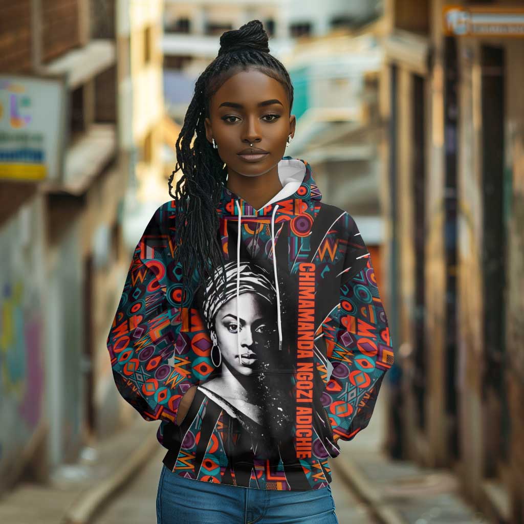 Chimamanda Ngozi Adichie Hoodie with Monochrome Portrait, The Danger of a Single Story Quote - African Pride