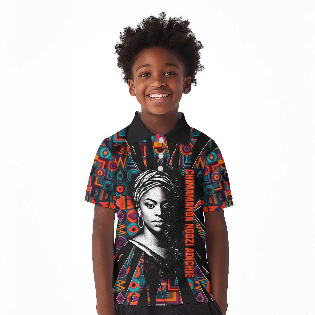 Chimamanda Ngozi Adichie Kid Polo Shirt with Monochrome Portrait, The Danger of a Single Story Quote - African Pride