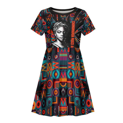 Chimamanda Ngozi Adichie Kid Short Sleeve Dress with Monochrome Portrait, The Danger of a Single Story Quote - African Pride