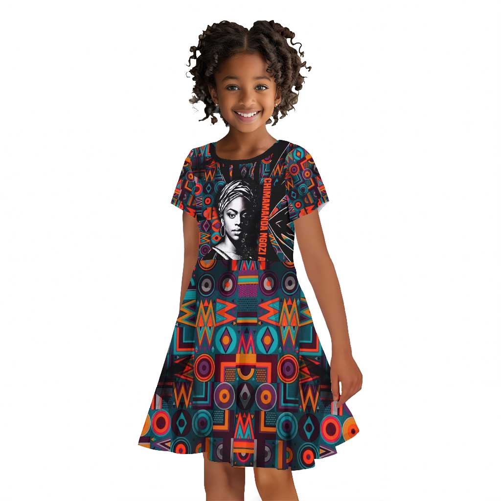 Chimamanda Ngozi Adichie Kid Short Sleeve Dress with Monochrome Portrait, The Danger of a Single Story Quote - African Pride