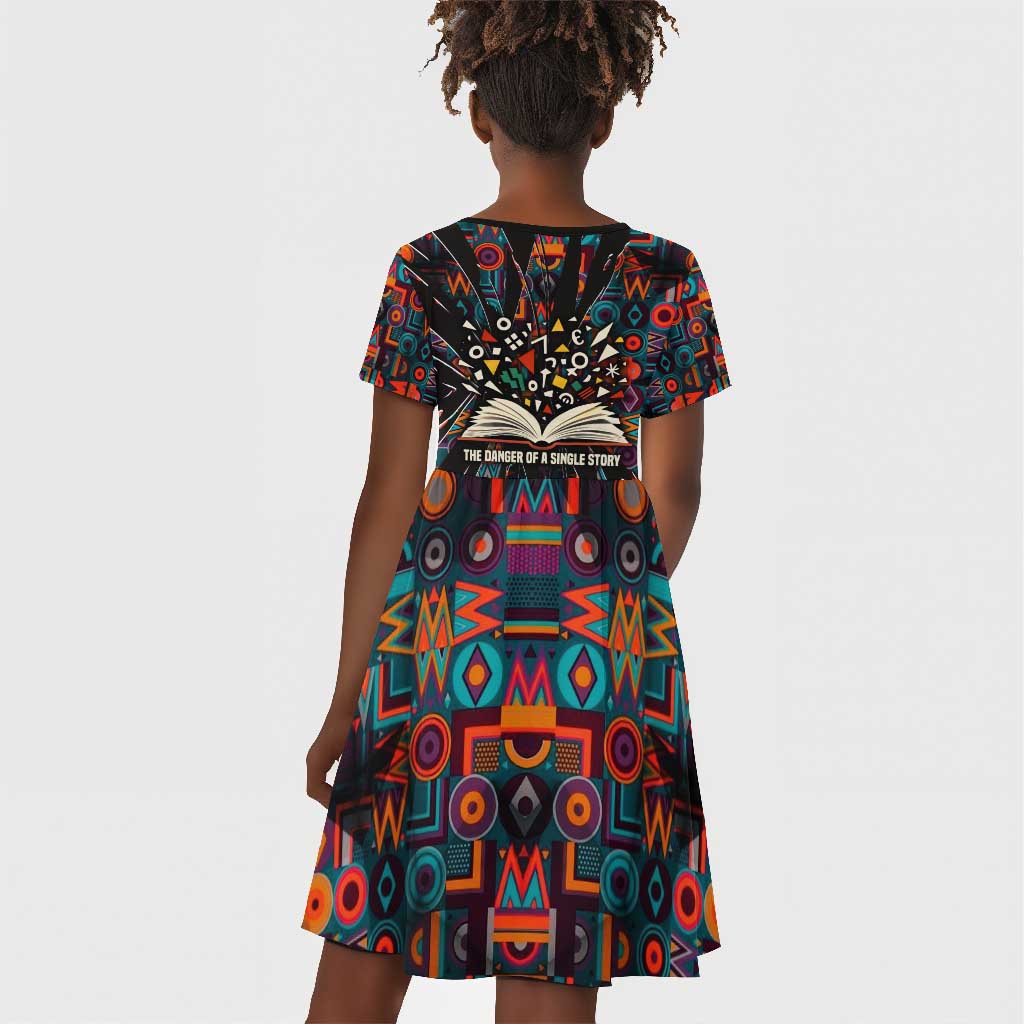 Chimamanda Ngozi Adichie Kid Short Sleeve Dress with Monochrome Portrait, The Danger of a Single Story Quote - African Pride